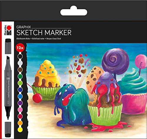 Marabu 0148000000100 - Sketch Marker Graphix 12er Set Sugarholic, japanische Doppelspitze 1-7 mm Keilspitze und 1 mm fein, brillant, schnelltrocknende, alkoholbasierte Tinte, geruchsarm und wasserfest von Marabu