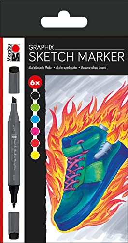 Marabu 0148000000102 - Sketch Marker Graphix 6er Set Heat, japanische Doppelspitze 1-7 mm Keilspitze und 1 mm fein, brillant, schnelltrocknende, alkoholbasierte Tinte, geruchsarm und wasserfest von Marabu