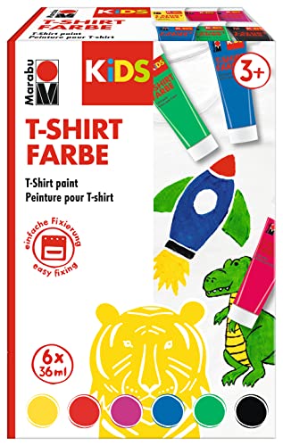 Marabu 0308000000010 - KiDS T-Shirt Farbe, Stoffmalfarbe zum Gestalten, 6 x 36 ml, nach Fixierung waschbeständig bis 60 °C, für Kinder ab 3 Jahren von Marabu