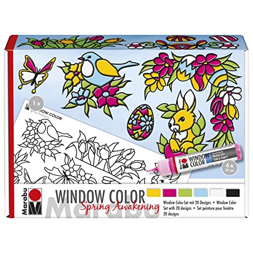 Marabu 0406000013909 - Window Color fun & fancy "Spring Awakening" Fensterfarbe auf Wasserbasis, 6 Stifte mit je 25 ml Farbe, 2 Malfolien A5 und A3 von Marabu