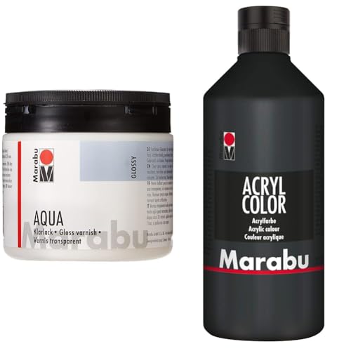 Marabu 11350075000 - Farbloser aqua Klarlack, transparent 500 ml Dose & 12010075073 - Acryl Color schwarz 500 ml, cremige Acrylfarbe auf Wasserbasis von Marabu