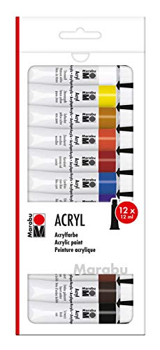 Marabu 1210000000200 - Acrylfarbenset mit 12 Farben á 12 ml, deckende, matt glänzende Acrylfarben auf Wasserbasis, für Keilrahmen, Malkarton, Papier und Holz geeignet, schnell trocknend von Marabu