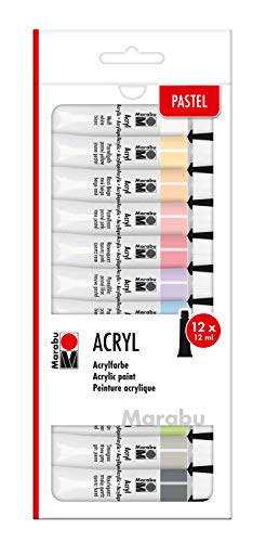 Marabu 1210000000210 - Acrylfarbenset mit 12 Pastellfarben á 12 ml, deckende, matt glänzende Acrylfarben auf Wasserbasis, für Keilrahmen, Malkarton, Papier und Holz geeignet, schnell trocknend von Marabu