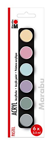 Marabu 1210000000211 - Einsteigerset Acrylfarben Pastell, 6 Farben in 3,5 ml Näpfchen, auf Wasserbasis, wasserfest und lichtbeständig, schnelltrocknend für Keilrahmen, Papier, Pappe und Holz von Marabu