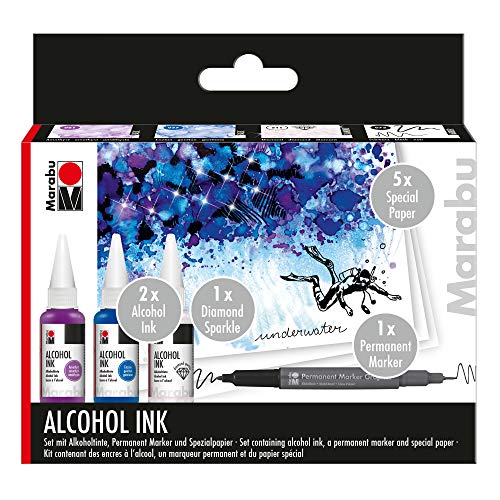 Marabu 1216000000100 - Alcohol Ink Set Underwater mit 3 x 20 ml Alkohol Tinte, 1 x Permanent Marker, Spezialpapier und Anleitung, Alkoholtinte für Fluid Art, Resin Art und Epoxidharz Farbe von Marabu