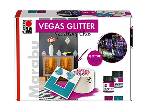 Marabu 1269000000081 - Glitzernde Effektpaste im Set, Vegas Glitter Sparkling Chic, auf Wasserbasis, wetterfest, schnell trocknend, 2 x 50 ml Farbe, 2 Schablonen und Malmesser von Marabu