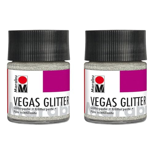 Marabu 12690005582 - Glitzernde Effektpaste, Vegas Glitter silber 50 ml, auf Wasserbasis, wetterfest, schnell trocknend, zum Pinseln oder Schablonieren auf saugenden Untergründen (Packung mit 2) von Marabu