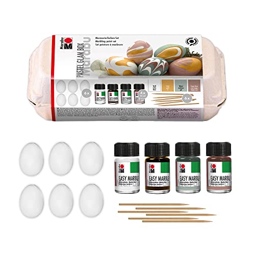 Marabu 1305000000099 - Easy Marble Set "Pastel Glam Box" zum Marmorieren und Färben, inkl. 6 Holzstäbchen und 6 Kunststoffeiern, 4 x 15 ml Pastellfarben von Marabu