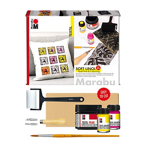 Marabu 1703000000081 - Soft Linol Print & Colouring Set, Hochdruckset für Textilien m. Softdruckplatte, Schneidewerkzeug mit Klingen, Schaumroller, Pinsel, 100ml Druckfarbe und 2 x 15ml Aquarellfarbe von Marabu