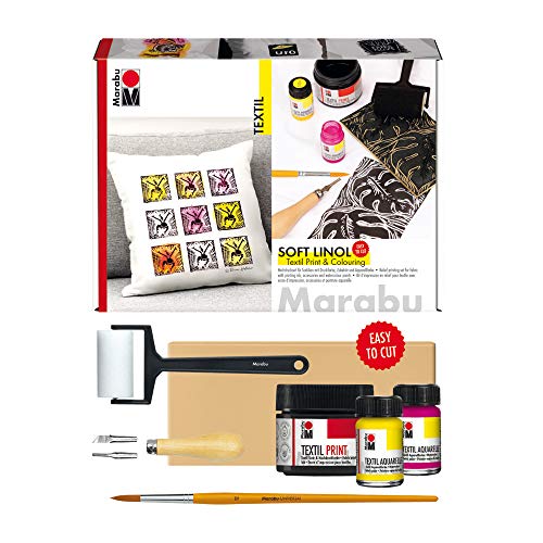 Marabu 1703000000081 - Soft Linol Print & Colouring Set, Hochdruckset für Textilien m. Softdruckplatte, Schneidewerkzeug mit Klingen, Schaumroller, Pinsel, 100ml Druckfarbe und 2 x 15ml Aquarellfarbe, Mittel von Marabu