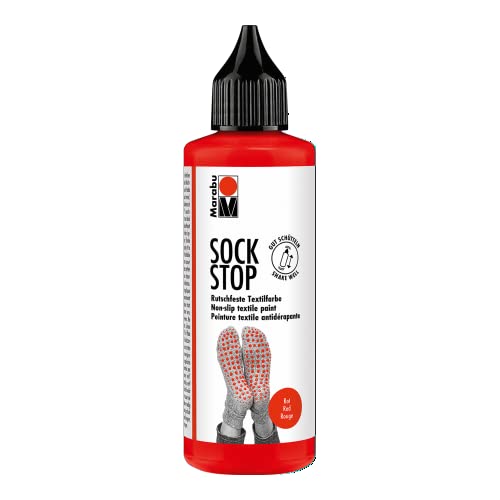 Marabu 17220106232 - Sock Stop, 90 ml, rot, gummiartige Antirutsch-Farbe auf Wasserbasis, für Textilien zum sicheren Halt auf glatten Böden, einfache Anwendung aus der Flasche von Marabu