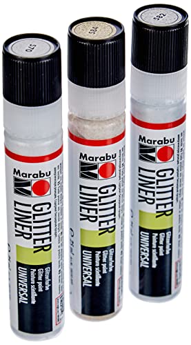Marabu 1803000000041 - Glitter Liner, universelle Effektfarbe für bezaubernde Glitzereffekte, auf Wasserbasis, für Verzierungen, Linien und Ornamente, 3 x 25 ml in glitzer weiß, silber und gold von Marabu