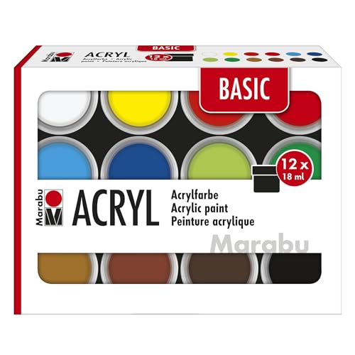 Marabu Acrylfarben Set BASIC, 12 x 18 ml seidenmatte Farben, leicht vermalbar, schnell trocknend, lichtecht, wetterfest, für viele Maltechniken und Untergründe, 1210000000214 von Marabu