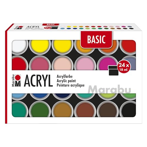 Marabu Acrylfarben Set BASIC, 24 x 18 ml seidenmatte Farben, leicht vermalbar, schnell trocknend, lichtecht, wetterfest, für viele Maltechniken und Untergründe, 1210000000215 von Marabu