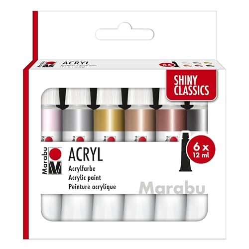 Marabu Acrylfarben Set SHINY CLASSICS, 6 x 12 ml metallisch schimmernde Farben, leicht vermalbar, schnell trocknend, lichtecht, wetterfest, für viele Maltechniken und Untergründe, 1210000000212 von Marabu