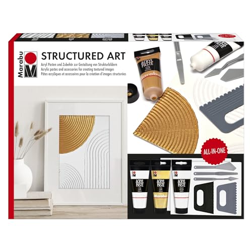 Marabu Acrylpasten Set STRUCTURED ART, Strukturpaste inkl. Spachtel, Malmesser und Malkarton, Malset für Mixed Media, Art Journaling, Spachteln uvm., 1202000000088 von Marabu