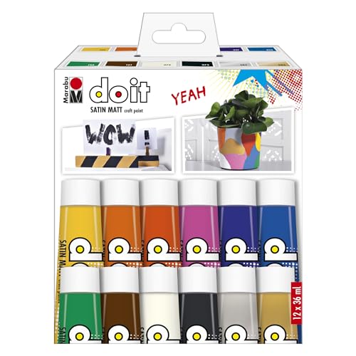 Marabu DO IT Craft Paint Set, 12 x 36 ml Farbe, seidenmatte Acrylfarbe für DIY, Basteln und Hobby, Malfarbe auf Wasserbasis, wetterfest, lichtecht, schnelltrocknend, vegan, 1276000000201 von Marabu