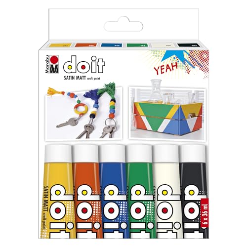 Marabu DO IT Craft Paint Set, 6 x 36 ml Farbe, seidenmatte Acrylfarbe für DIY, Basteln und Hobby, Malfarbe auf Wasserbasis, wetterfest, lichtecht, schnelltrocknend, vegan, 1276000000200 von Marabu