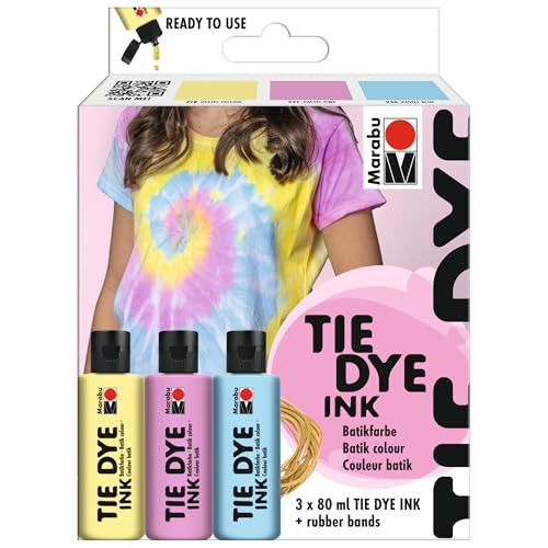 Marabu TIE DYE Ink Set, 3 x 80 ml Farbe auf Wasserbasis, inkl. Gummibänder, pastellige Batikfarbe für helle Textilien bis 20% Kunstfaseranteil, 1730000000201 Marabu TIE DYE Ink Set, 3 x 80 ml Farbe auf Wasserbasis, inkl. Gummibänder, pastellige Batikfarbe für helle Textilien bis 20% Kunstfaseranteil, 1730000000201 von Marabu