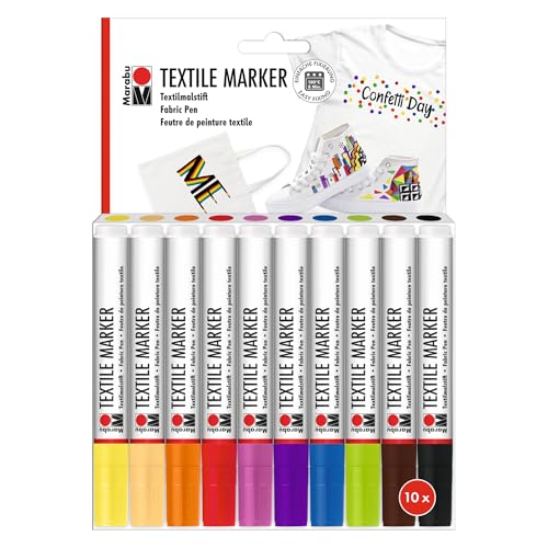 Marabu Textile Marker, 10er Set Textilstifte für helle Stoffe, Stoffmalstifte mit 3 mm Spitze, kräftige Farben auf Wasserbasis, vegan, nach Fixierung waschmaschinenfest bis 60°C, 0115000000200 von Marabu