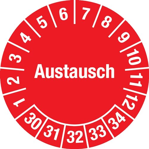 Prüfplakette - Mehrjahresplakette "Austausch", Monate: 1-12, Jahre: 2030-2034, Folie (0,1 mm), rot, Ø 30 mm, 15 Stück je Bogen von Marahrens