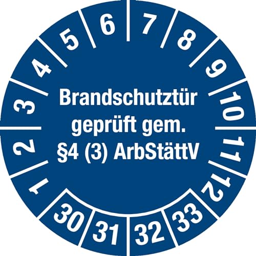 Prüfplakette - Mehrjahresplakette "Brandschutztür geprüft gem. §4 (3) ArbStättV", Monate: 1-12, Jahre: 2030-2033, Dokumentenfolie, blau, Ø 30 mm, 15 Stück je Bogen von Marahrens