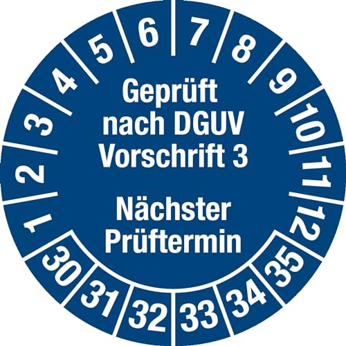 Prüfplakette - Mehrjahresplakette "Geprüft nach DGUV Vorschrift 3 - Nächster Prüftermin", Monate: 1-12, Jahre: 2030-2035, Dokumentenfolie, blau, Ø 30 mm, 15 Stück je Bogen von Marahrens