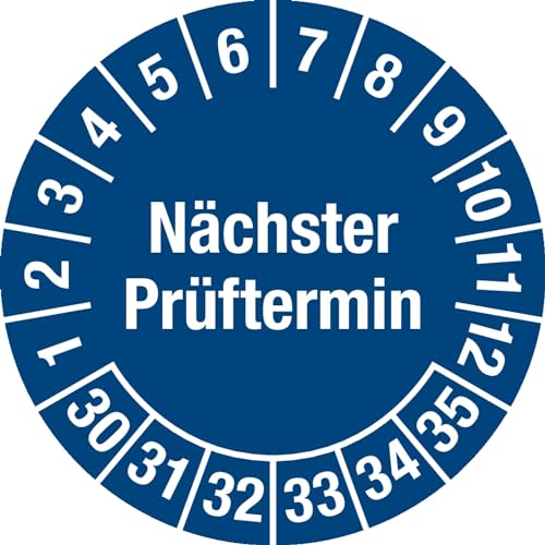 Prüfplakette - Mehrjahresplakette "Nächster Prüftermin", Monate: 1-12, Jahre: 2030-2035, Dokumentenfolie, blau, Ø 25 mm, 15 Stück je Bogen von Marahrens