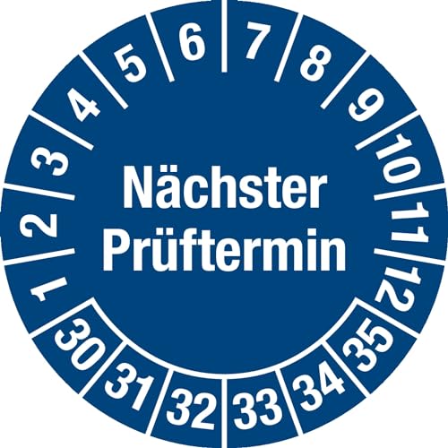 Prüfplakette - Mehrjahresplakette "Nächster Prüftermin", Monate: 1-12, Jahre: 2030-2035, Dokumentenfolie, blau, Ø 30 mm, 15 Stück je Bogen von Marahrens