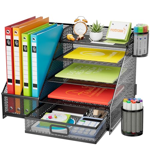 Marbrasse Schreibtisch Organizer,5-Stöckig,Papier-Briefablage mit Schublade,2 Stifthalter,Netz-Schreibtisch-Organizer, Zubehör,Aufbewahrung für Heimbürobedarf (Einseitiger Buchständer) von Marbrasse