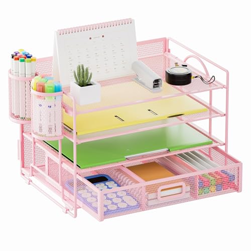 Marbrasse Schreibtisch-Organizer-Tablett, 4-stöckig, Papier-Briefablage, Organizer mit Schublade, 2 Stifthalter, Netz-Schreibtisch-Organizer für Zuhause, Bürobedarf (Rosa) von Marbrasse