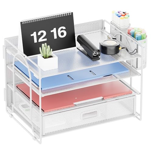 Marbrasse Schreibtisch-Organizer-Tablett, 4-stöckig,Papier-Briefablage,Organizer mit Schublade,2 Stifthalter, Netz-Schreibtisch-Organizer für Zuhause,Bürobedarf (Weiß) von Marbrasse