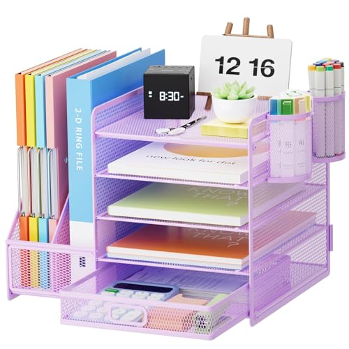 Marbrasse Schreibtisch Organizer mit Aktenhalter, 5 Ebenen Papier Briefablage mit Schublade und 2 Stiftehalter,Schreibtisch Netz Ablagefächer Organizer mit für Büro Bedarf Dokumentenablage (lila) von Marbrasse