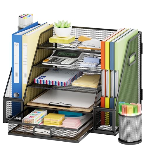 Marbrasse Schreibtisch Organizer mit Aktenhalter,5-Tier Briefablage Ablagefächer mit Schublade und 2 Stifthalter, Mesh Schreibtisch Zubehör Ablage Zeitschriftenhalter für Bürobedarf(Schwarz) von Marbrasse