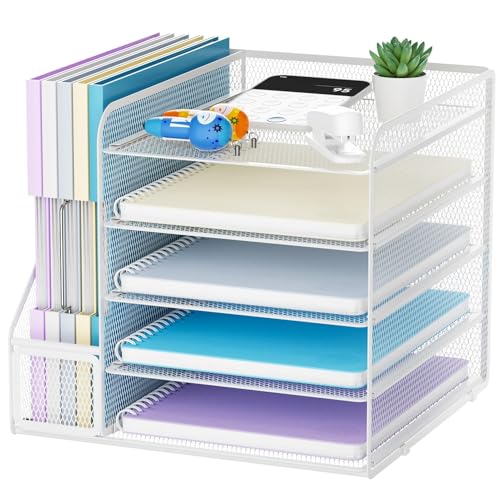 Marbrasse Schreibtisch Organizer und Büro Zubehör,5-Tier Briefablage Organizer mit Briefständer,Mesh Büro Organizer für Schreibtisch,Schreibtischzubehör & Ablage(weiß) von Marbrasse