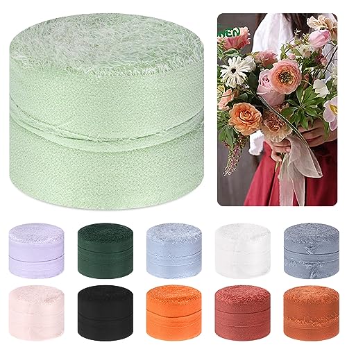 Mardatt 1 Roll 1.5" x 11 Yard Chiffon Ribbon Handmade Fringe Chiffon Silk Ribbon Fabric Ribbon for DIY Craft Wedding Invitations Bridal Bouquets(Light Green) von Mardatt