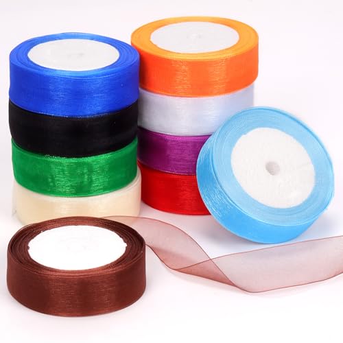 Mardatt 10 Rolls 1 Inch x 25 Yards Shimmer Sheer Ribbon Gift Wrapping Ribbon Sheet, 10 Colors Transparent Chiffon Ribbons for Floral Bouquet Wedding Decorating von Mardatt