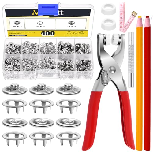 Mardatt 100 Set Silber hohlen Snap Fasteners Kit, Metall Prong Snaps Buttons mit Fastener Zange drücken Werkzeug, Snap Button Fasteners für DIY Leder nähen Kleidung (9,5 mm) von Mardatt