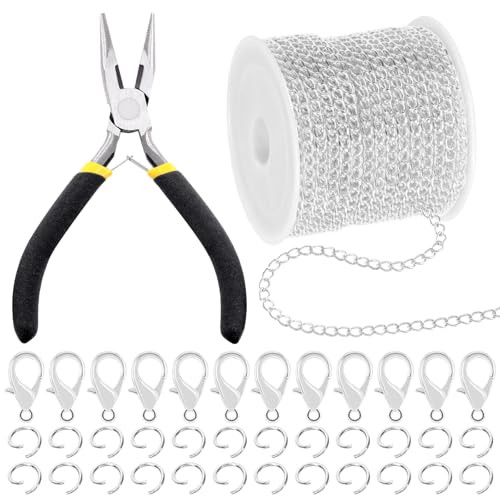 Mardatt 102 Stück Schmuck machen Ketten Kit, 10 Yards Halskette Ketten Schmuck Ketten mit 50 Open Jump Rings, 50 Lobster Clasps, Chain Nose Pliers für DIY Halskette Armband Schmuck machen (Silber) von Mardatt