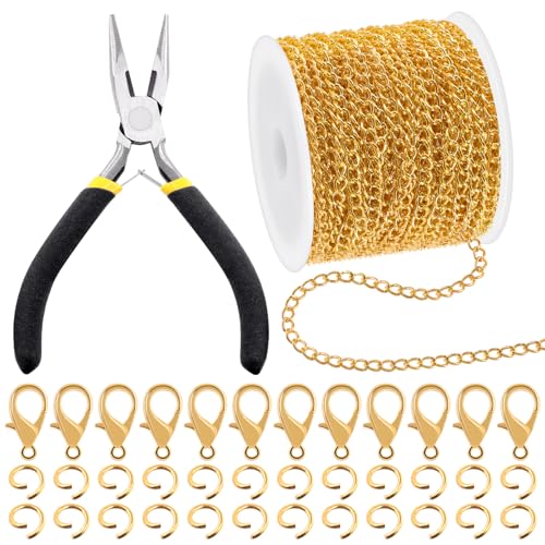 Mardatt 102 Stück Schmuck machen Ketten Kit, 10 Yards Halskette Ketten Schmuck Ketten mit 50 Open Jump Rings, 50 Lobster Clasps, Chain Nose Pliers für Schmuck machen-Gold von Mardatt