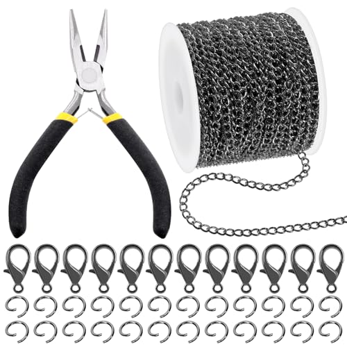 Mardatt 102 Stück Schmuck machen Ketten Kit, 10 Yards Halskette Ketten Schmuck Ketten mit 50 offenen Sprung Ringe, 50 Lobster Clasps, Chain Nose Pliers für Schmuck machen (Schwarz) von Mardatt