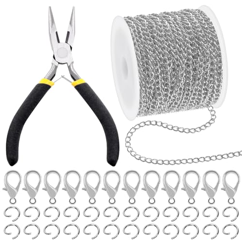 Mardatt 102 Stück Schmuck machen Ketten Kit, 10 Yards Halskette Ketten Schmuck Ketten mit 50 offenen Sprung Ringe, 50 Lobster Clasps, Chain Nose Pliers für Schmuck machen (weiß) von Mardatt