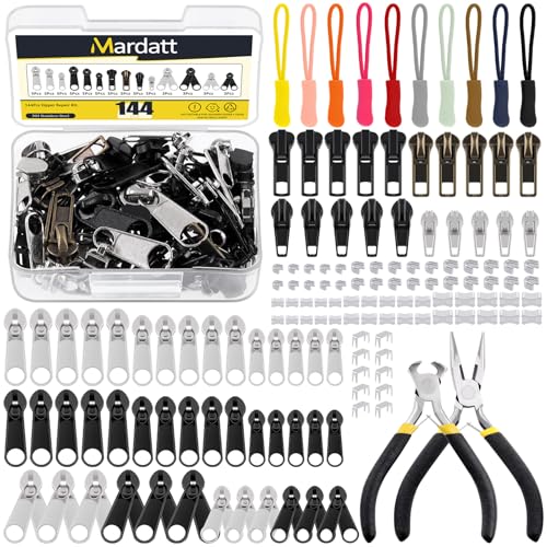 Mardatt 144 Stück Reißverschluss Reparatur Set, #3#5#8 Zipper Ersatz mit Reißverschluss Verlängerung zieht, Installation Zange für Taschen, Zelte, Gepäck, Jacken, Rucksäcke, Schlafsäcke von Mardatt