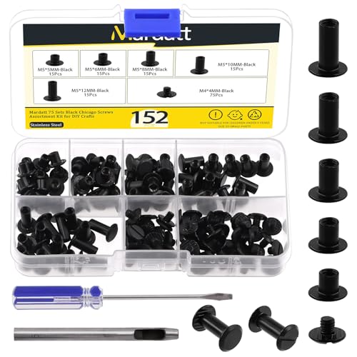 Mardatt 152Pcs 5 Sizes Chicago Screws with Punch and Screwdriver, M5 x 5/6/8/10/12MM Carbon Steel Chicago Rivet Chicago Binding Screw Flat Head Leather Rivet for DIY Leather Repair(Black) von Mardatt