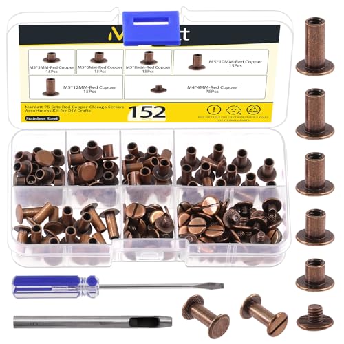 Mardatt 152Pcs 5 Sizes Chicago Screws with Punch and Screwdriver, M5 x 5/6/8/10/12MM Carbon Steel Chicago Rivet Chicago Binding Screw Flat Head Leather Rivet for DIY Leather Repair(Red Antique Copper) von Mardatt