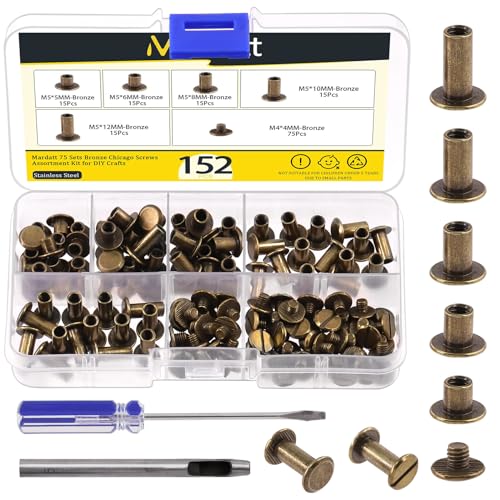 Mardatt 152Pcs 5 Sizes Chicago Screws with Punch and Screwdriver, M5 x 5/6/8/10/12MM Carbon Steel Chicago Rivets M5 Chicago Binding Screws Flat Head Leather Rivets for DIY Leather Repair(Bronze) von Mardatt