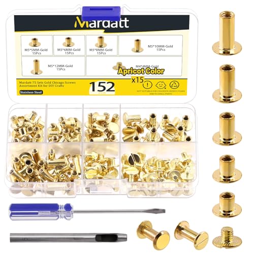 Mardatt 152Pcs 5 Sizes Chicago Screws with Punch and Screwdriver, M5 x 5/6/8/10/12MM Carbon Steel Chicago Rivets M5 Chicago Binding Screws Flat Head Leather Rivets for DIY Leather Repair(Gold) von Mardatt