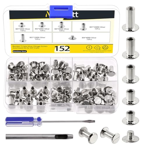 Mardatt 152Pcs 5 Sizes Chicago Screws with Punch and Screwdriver, M5 x 5/6/8/10/12MM Carbon Steel Chicago Rivets M5 Chicago Binding Screws Flat Head Leather Rivets for DIY Leather Repair(Silver) von Mardatt