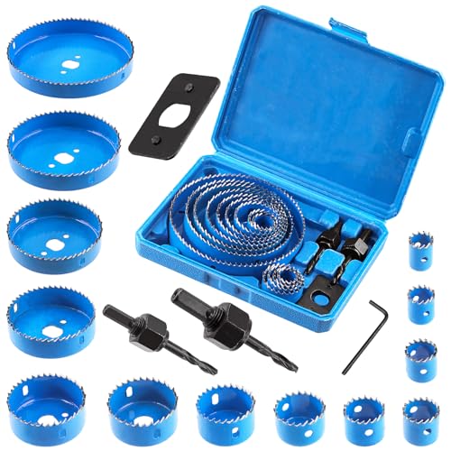 Mardatt 17Pcs Blue Hole Saw Set Includes 13 Sizes Saw Blades, Install Plate, Mandrels and Hex Key, High Speed Steel Hole Saw Kit, Heavy Duty Hole Cutter in Case for Thin Metal Hard Wood Drywall von Mardatt