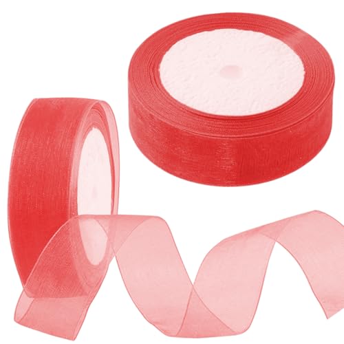 Mardatt 2 Rolls 1 Inch x 25 Yards Shimmer Sheer Ribbon Gift Wrapping Ribbon Sheet, 10 Colors Transparent Chiffon Ribbons for Floral Bouquet Wedding Decorating (Red) von Mardatt